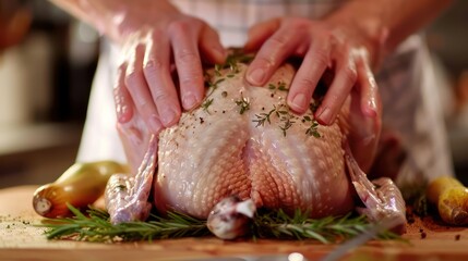 Hands seasoning a raw Thanksgiving turkey before roasting