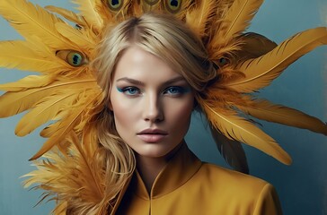 Wall Mural - High-fashion, artistic portrait featuring a woman enveloped in luxurious, golden-yellow feathers 