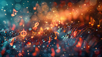 Wall Mural - A vibrant abstract image with musical notes scattered across a dark background. The warm orange and blue lighting creates a sense of movement and energy, making it perfect for a music-related project.