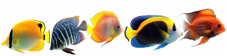 Tropical Fish Collection. Aquarium Fish in White Background with Coral Reef and Clownfish