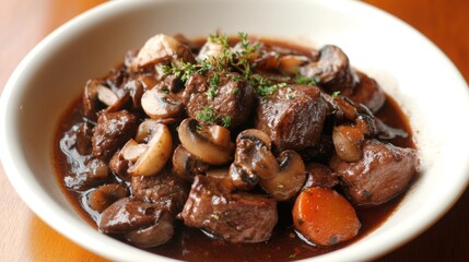 Wall Mural - Gourmet Beef Bourguignon with Mushrooms and Red Wine, Delectable French Cuisine Delicacy