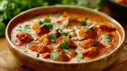 Wall Mural - Aromatic chicken curry garnished with fresh coriander in a bowl