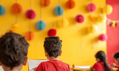 Poster - Enthusiastic Young Students in a Bright, Cheerful Classroom Engaged in Learning with a Guiding Teacher