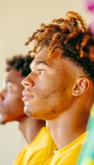 Poster - Diverse University Students in Engaged Classroom Setting - Black Girl and White Boy Taking Notes with Laptops, Modern Academic Atmosphere