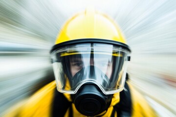 Aufkleber - Blurry Male Firefighter in Black and Yellow Protective Suit, Daytime, Abstract Symmetrical Style, Long Exposure , Dramatic Tones