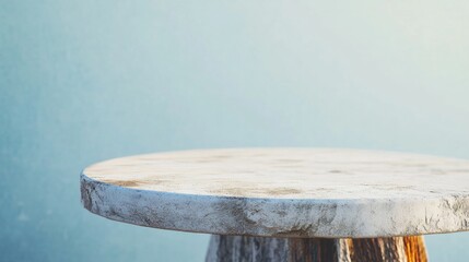 Aufkleber - Minimalist Concept with Pastel Blue Stucco Table Surface and Calm Field Background for Product Display, Featuring Natural Soft Lighting and Serene Aesthetic