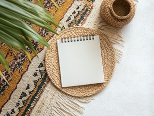 Poster - Ethereal Study Theme with Vibrant White Notebook on Patterned Rug and Wooden Desk Arrangement