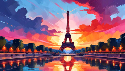 Landscape watercolor painting sunset over Eiffel Tower Paris