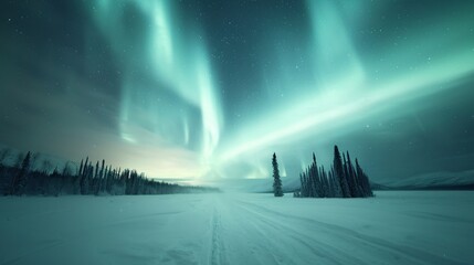 Poster - High-definition photo of Northern Lights over a snow-covered forest, star-filled sky,