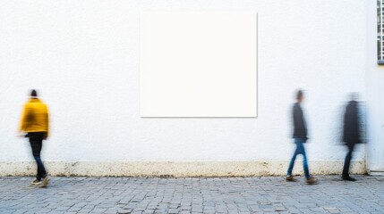Poster - Afternoon Motion Blur of People Walking Past a Blank Poster on a Soft White Stucco Wall in Urban Setting