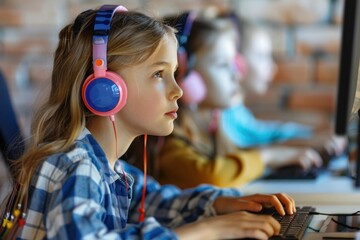 Wall Mural - Cute girl wearing headphones doing distance learning online