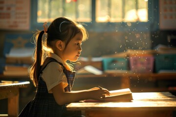 Wall Mural - A little student learns about education in a school. The concept of developing early childhood education.