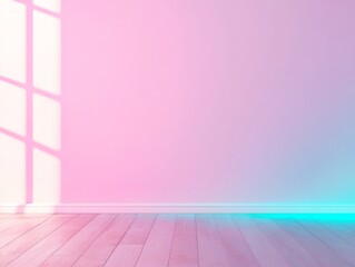 Poster - Serene Pastel Pink Indoor Wall with Vibrant Neon Blue Accents and Hardwood Floor in Soft Natural Light