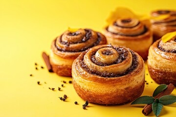 Wall Mural - Cinnamon rolls and pastries on a soft yellow background space for text 