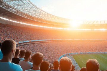 Exhilarating Sports Stadium Scene at Major Event with Cheering Fans and Competing Athletes During Sunset