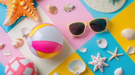 Wall Mural - Set of summer beach accessories including a beach ball, seashells, hat, and other items, isolated on a colorful background. 