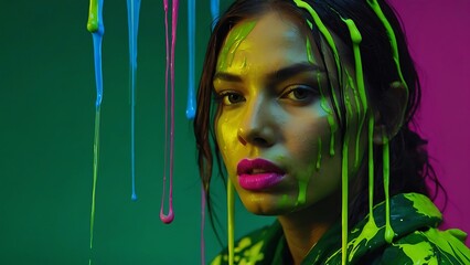 Wall Mural - Fashion Surreal Concept. Closeup portrait of stunning girl portrait with lime yellow green neon fluorescent glowing liquid molten chrome silicon latex dripping, 