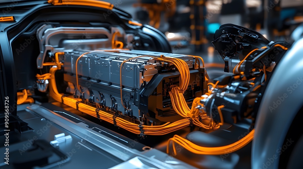 illustration of an electric car lithium battery pack with visible power ...