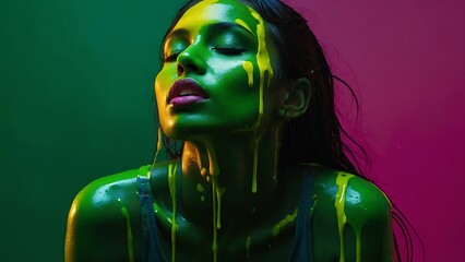 Wall Mural - Fashion Surreal Concept. Closeup portrait of stunning girl portrait with lime yellow green neon fluorescent glowing liquid molten chrome silicon latex dripping, 