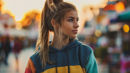 Wall Mural - Portrait of a young caucasian urban woman with a ponytail in modern city street