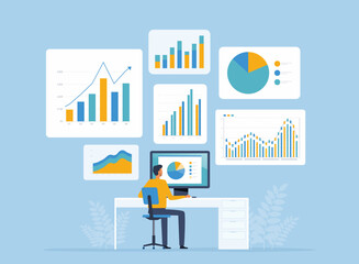 Fototapete - business data analyst and business finance investment concept with businessman work on computer and report dashboard. flat vector illustration design 