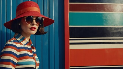 Wall Mural - Woman with red hat and sunglasses, vintage 1960s fashion model studio portrait with colorful pop background, sixties style