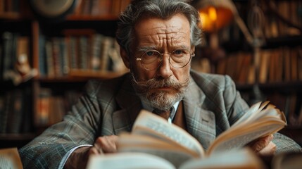 Elderly Scholar Engrossed in Reading Rare Books in Cozy Library Setting