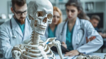 Medical students studying anatomy with a human skeleton model