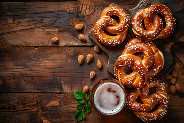 Pitchers of beer and pretzels on wooden table. Oktoberfest background.