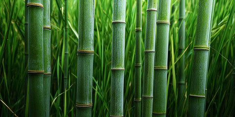 Wall Mural - A close up of the slender, green bamboo sticks in an endless field, generative AI