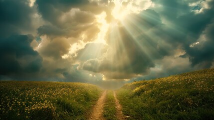 Poster - Sunlight breaking through clouds, illuminating a path.