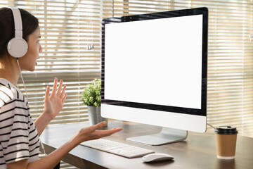 Aufkleber - Businesswoman using computer and hand type on the keyboard, Mockup screen of advertisement.