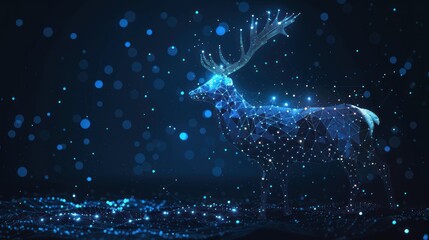 Wall Mural - Abstract digital art of a blue glowing deer with antlers in a dark background with blue bokeh. Digital art, animal, magical, festive, christmas, deer, digital painting, fantasy, magic, sparkle