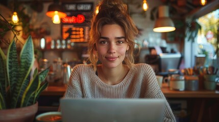 Young Woman Working on Laptop in Cozy Cafe With Plants and Warm Lighting