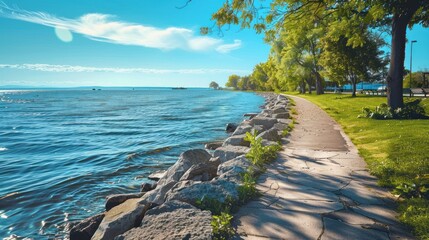 Wall Mural - Pedestrian footpath along a scenic waterfront