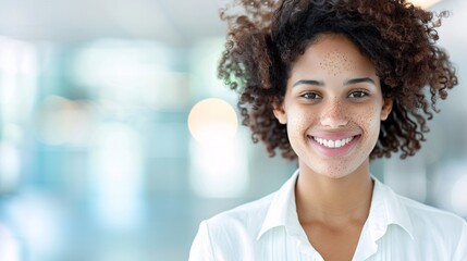 Poster - Ultra-sharp image of a confident businesswoman with vitiligo, modern office backdrop,