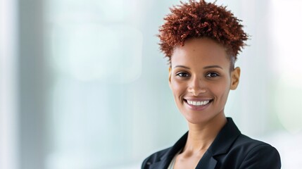 Poster - ultra-sharp image of a confident businesswoman with vitiligo, modern office backdrop,