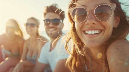 Poster - Crystal-clear shot of a diverse group of friends, varying body types, casual setting,