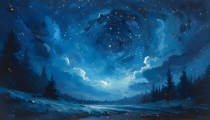 Wall Mural - Beautiful swirling starry sky, blue tone, dotted with stars, and clear outline of the forest.