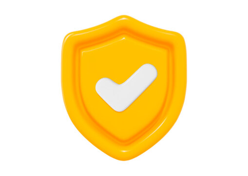 3d yellow shield with check mark. Concept of secure protection. Stock vector illustration on isolated background.