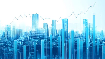 Wall Mural - Blue Financial Stock Market Background with City Building and Graph Bar Chart - Business Growth Concept on White