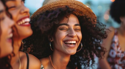 Wall Mural - Close-up of young adult friends laughing at a party