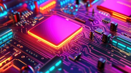Poster - An abstract neon circuit board design with colorful glowing elements in a captivating pattern