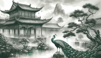 An oriental traditional peacock in ink wash painting with an ancient courtyard, landscape painting, Asian mythology, traditional architecture, black and ink green, and muted colors