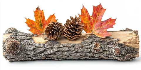 Sticker - A rustic wooden log with two pine cones and autumn leaves on it, generative AI