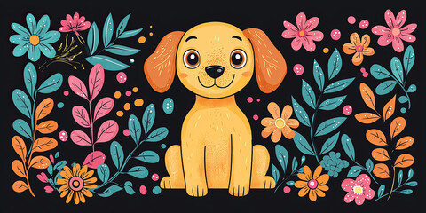 Wall Mural - Cute cartoon dog, vector illustration with colorful leaves and floral elements on a black background, generative AI