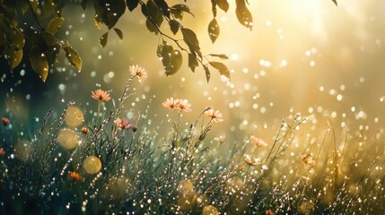 Wall Mural - Sunlit Meadow with Dew Drops and Flowers