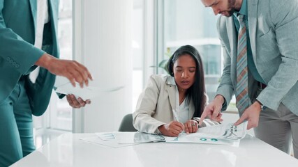 Wall Mural - Woman, multitasking and busy people in boardroom, overwhelmed and business collaboration timelapse. Overworked, task management and stressful workload for burnout, meeting and chaos with employees