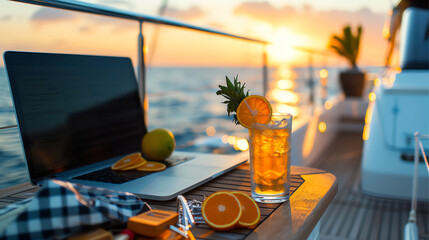 Relaxing Evening at Sea With a Cocktail and Laptop During Sunset Over the Ocean