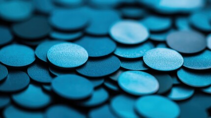 Poster - Blue metallic discs scatter on a surface, displaying stunning reflections under gentle lighting
